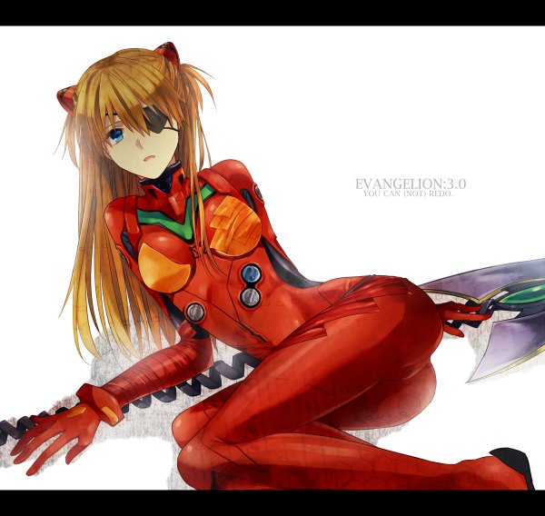 Anime picture 1200x1136 with neon genesis evangelion gainax pixiv soryu asuka langley washi (micino) single long hair looking at viewer fringe breasts open mouth blue eyes light erotic brown hair girl gloves weapon bodysuit eyepatch