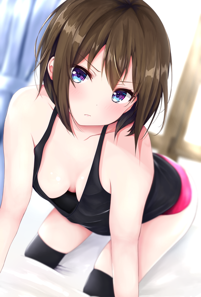 Anime picture 1016x1500 with original mito ichijyo single tall image looking at viewer blush fringe short hair breasts blue eyes light erotic hair between eyes brown hair bare shoulders cleavage no bra on all fours girl thighhighs underwear