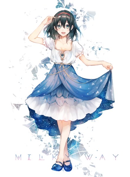 Anime picture 1169x1589 with original hanagata single tall image looking at viewer blush short hair open mouth black hair standing white background green eyes short sleeves crossed legs happy starry sky print milky way girl dress hairband