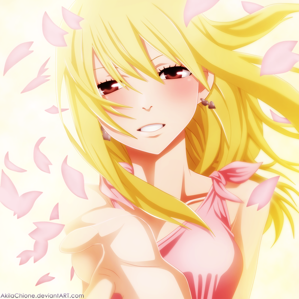 Anime picture 1000x1000 with fairy tail lucy heartfilia akilachione single long hair blush simple background blonde hair smile brown eyes coloring portrait light girl dress earrings petals