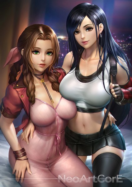 Anime picture 800x1132 with final fantasy final fantasy vii final fantasy vii remake square enix tifa lockhart aerith gainsborough nudtawut thongmai long hair tall image looking at viewer fringe breasts light erotic black hair brown hair large breasts sitting bare shoulders multiple girls brown eyes