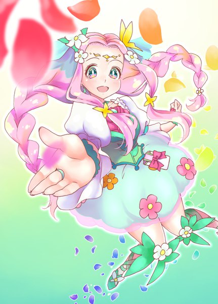 Anime picture 756x1051 with precure mahou girls precure! toei animation hanami kotoha cure felice pandapaca (pixiv id 3683692) single long hair tall image looking at viewer pink hair braid (braids) hair flower multicolored eyes girl dress hair ornament flower (flowers) petals