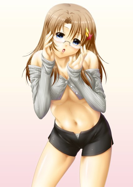 Anime picture 1000x1400 with mahou shoujo lyrical nanoha yagami hayate ayato single long hair tall image breasts open mouth blue eyes light erotic brown hair midriff gradient background pink background yellow background girl navel glasses shorts x hair ornament
