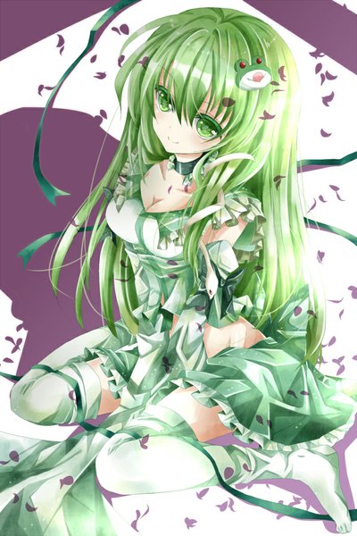 Anime picture 700x1050 with touhou kochiya sanae nanase nao single long hair tall image looking at viewer smile green eyes green hair girl thighhighs dress hair ornament detached sleeves petals white thighhighs