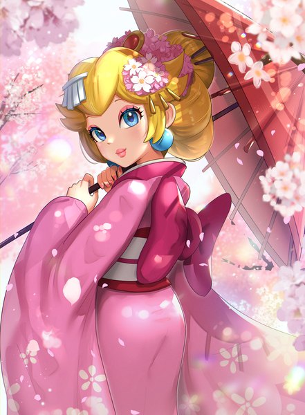 Anime picture 1200x1631 with super mario bros. princess peach gonzarez single tall image looking at viewer fringe short hair blue eyes blonde hair standing holding outdoors traditional clothes japanese clothes looking back hair flower from behind lipstick cherry blossoms