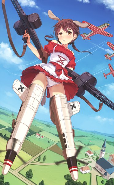Anime picture 960x1550 with strike witches gertrud barkhorn yokaze japan single long hair tall image blush light erotic brown hair brown eyes animal ears looking away sky cloud (clouds) braid (braids) flying condensation trail girl dress underwear