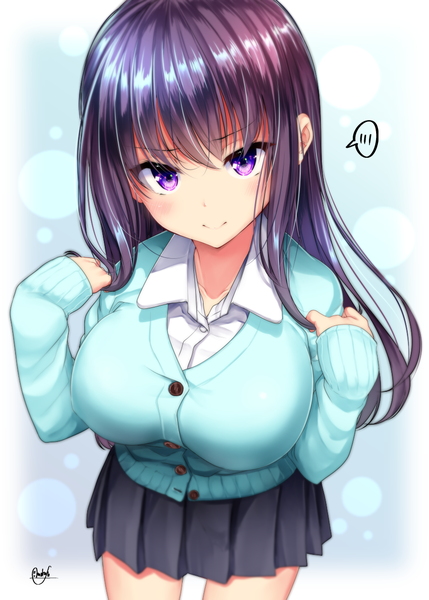 Anime picture 900x1259 with original mokufuu single long hair tall image looking at viewer blush fringe breasts smile large breasts purple eyes signed purple hair pleated skirt arms up leaning leaning forward border sleeves past wrists