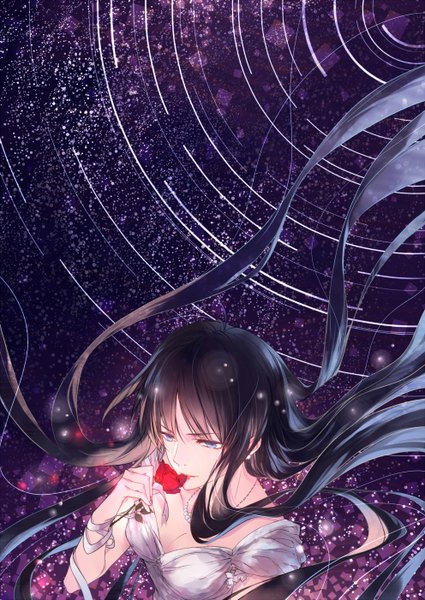 Anime picture 992x1402 with original w w w wloveless single tall image black hair very long hair from above wind girl dress flower (flowers) white dress rose (roses) beads red rose