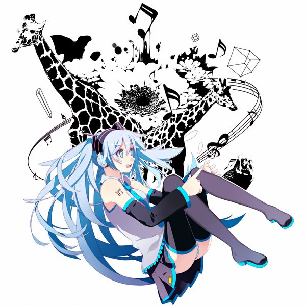 Anime picture 1000x1000 with vocaloid hatsune miku no more (artist) long hair open mouth blue eyes light erotic twintails blue hair pantyshot girl thighhighs skirt black thighhighs detached sleeves miniskirt headphones musical note