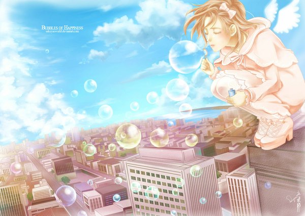 Anime picture 1024x724 with original sakuyasworld (artist) single blush short hair blonde hair cloud (clouds) eyes closed city cityscape girl dress bow hair bow wings building (buildings) bubble (bubbles) balloon