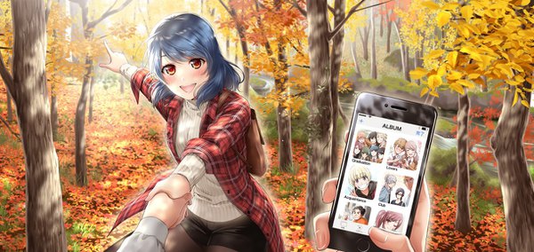 Anime-Bild 1221x578 mit domestic na kanojo tachibana rui sasuga kei looking at viewer blush open mouth smile red eyes wide image blue hair outdoors :d open clothes open shirt holding hands solo focus pov plaid pointing autumn
