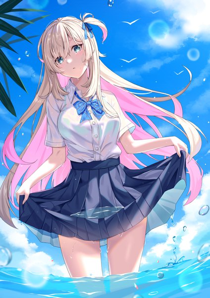 Anime picture 2026x2865 with original moe2022 calder (pixiv3698273) single long hair tall image looking at viewer blush fringe highres breasts blue eyes blonde hair hair between eyes standing payot sky cloud (clouds) outdoors head tilt