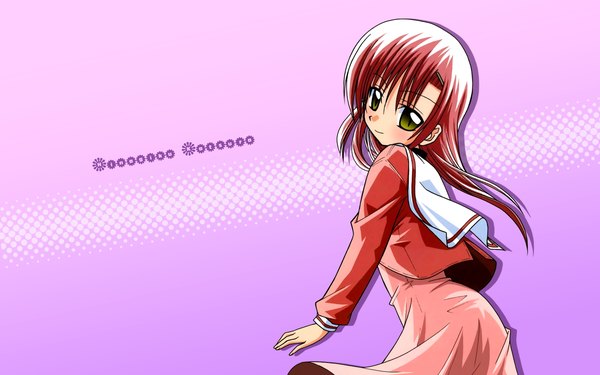 Anime picture 1680x1050 with hayate no gotoku! katsura hinagiku hata kenjirou single long hair looking at viewer blush simple background smile wide image green eyes pink hair inscription wallpaper purple background girl serafuku