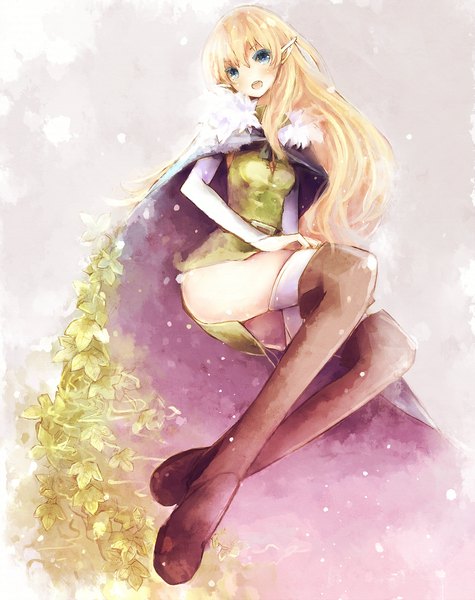 Anime picture 950x1200 with zero no tsukaima j.c. staff lukshana asahiro single long hair tall image looking at viewer blush open mouth blue eyes light erotic blonde hair smile sitting pointy ears crossed legs elf girl thighhighs