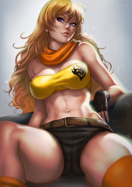 Anime picture 630x891 with rwby rooster teeth yang xiao long dandon fuga single long hair tall image looking at viewer fringe breasts light erotic simple background blonde hair hair between eyes large breasts purple eyes signed ahoge very long hair fingernails