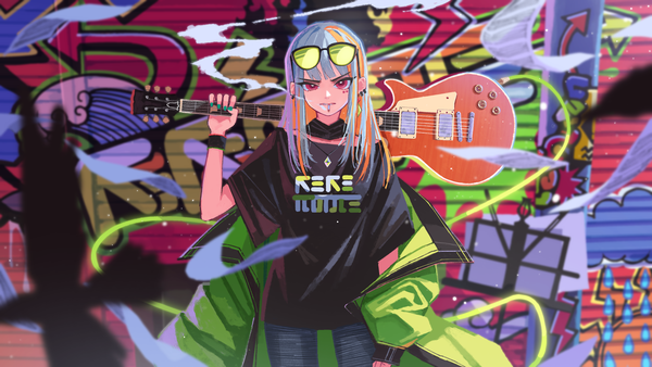 Anime picture 1920x1080 with original kaneni single long hair looking at viewer highres red eyes wide image standing silver hair outdoors open jacket piercing ear piercing smoke sunglasses on head smoking graffiti girl jacket