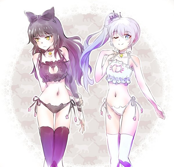 Anime picture 1800x1726 with rwby rooster teeth weiss schnee blake belladonna iesupa long hair fringe highres breasts light erotic black hair bare shoulders multiple girls yellow eyes white hair one eye closed wink grey eyes embarrassed side ponytail