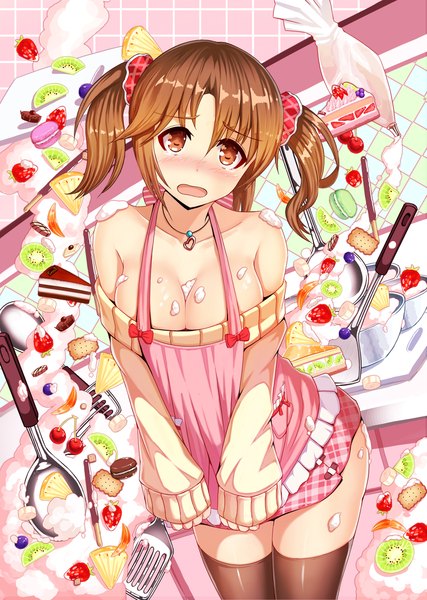 Anime picture 1000x1406 with idolmaster idolmaster cinderella girls totoki airi ratio (ratio-d) single tall image looking at viewer blush fringe short hair breasts light erotic brown hair twintails brown eyes embarrassed sweet valentine girl thighhighs black thighhighs