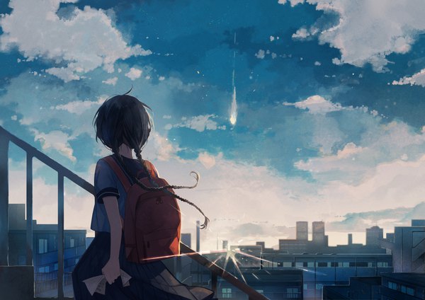 Anime-Bild 2000x1414 mit original omutatsu single long hair highres holding cloud (clouds) ahoge braid (braids) pleated skirt wind from behind sunlight short sleeves twin braids city cityscape sunbeam girl skirt