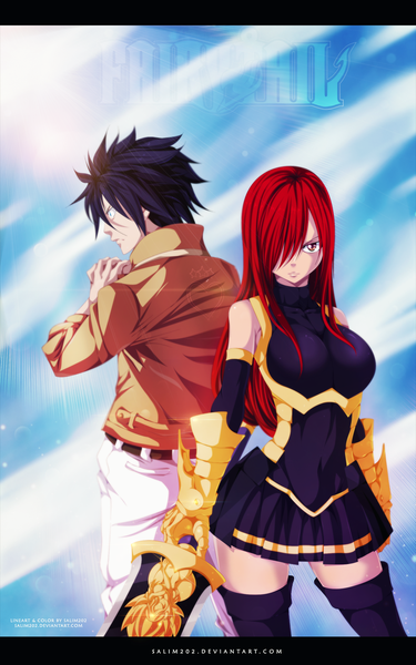 Anime picture 1000x1599 with fairy tail erza scarlet gray fullbuster salim202 long hair tall image fringe short hair blue eyes black hair red eyes sky cloud (clouds) red hair profile sunlight hair over one eye inscription coloring girl