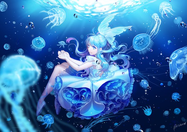 Anime picture 1200x848 with original briska single long hair blue eyes signed payot blue hair looking away full body ahoge bent knee (knees) light smile underwater girl dress hair ornament earrings shoes frills