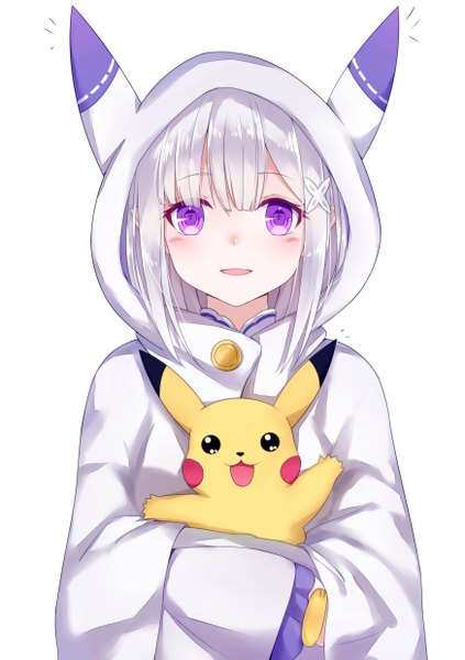 Anime picture 1748x2480 with pokemon re:zero kara hajimeru isekai seikatsu nintendo white fox emilia (re:zero) pikachu sll long hair tall image looking at viewer blush fringe highres open mouth simple background smile white background purple eyes silver hair upper body