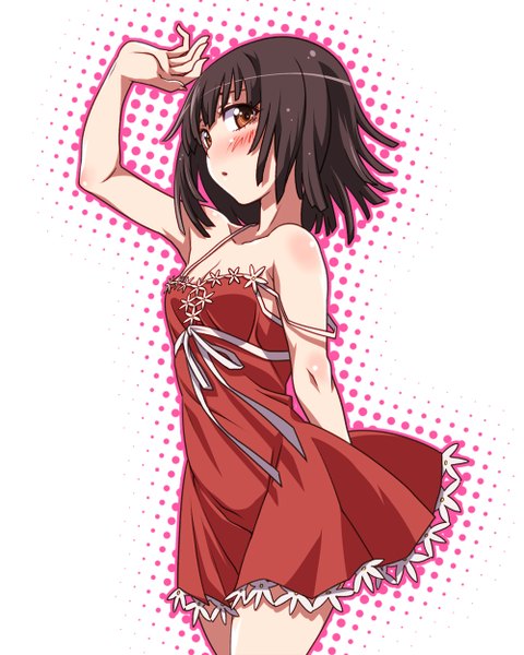 Anime picture 1000x1250 with bakemonogatari shaft (studio) monogatari (series) sengoku nadeko uousa single tall image looking at viewer blush short hair brown hair brown eyes off shoulder girl dress ribbon (ribbons) sundress