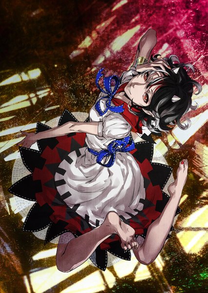 Anime picture 855x1200 with touhou kijin seija egawa satsuki single tall image looking at viewer short hair black hair red eyes full body nail polish multicolored hair barefoot hand on head midair girl dress ribbon (ribbons) bracelet