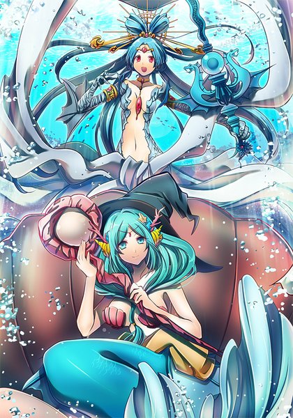 Anime picture 700x1000 with magi the labyrinth of magic a-1 pictures ren kougyoku yamuraiha suou sakura long hair tall image looking at viewer open mouth blue eyes light erotic smile red eyes multiple girls blue hair aqua hair spread arms underwater djinn equip girl