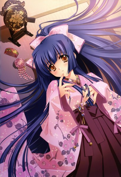 Anime picture 4550x6666 with kao no nai tsuki kuraki suzuna carnelian single long hair tall image looking at viewer blush fringe highres yellow eyes payot absurdres purple hair ponytail lying traditional clothes parted lips japanese clothes from above
