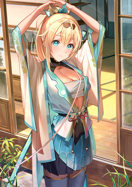 Anime picture 1000x1414 with virtual youtuber hololive kazama iroha kazama iroha (1st costume) kainown single long hair tall image fringe breasts blue eyes light erotic blonde hair hair between eyes standing cleavage outdoors ponytail arms up girl
