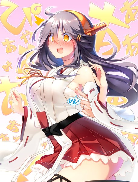 Anime picture 1600x2100 with kantai collection haruna battleship tsukui kachou single long hair tall image blush fringe breasts open mouth light erotic black hair simple background hair between eyes large breasts standing bare shoulders payot looking away ahoge