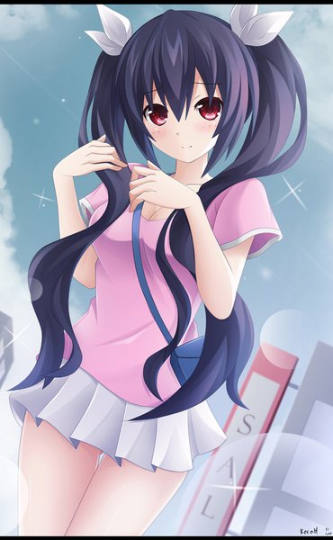Anime picture 710x1150 with choujigen game neptune noire keenh single long hair tall image looking at viewer blush breasts light erotic black hair smile red eyes twintails signed pleated skirt sparkle ass visible through thighs casual girl