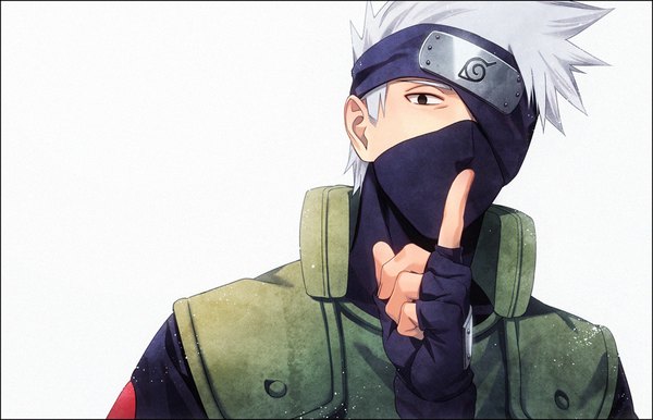 Anime picture 1010x650 with naruto studio pierrot naruto (series) hatake kakashi itohara single looking at viewer short hair simple background white background silver hair upper body black eyes finger to mouth covering eye (eyes) boy gloves uniform black gloves fingerless gloves