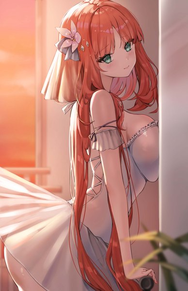 Anime picture 3000x4643 with genshin impact nilou (genshin impact) ueng single long hair tall image looking at viewer fringe highres breasts light erotic large breasts standing green eyes sky ass red hair blunt bangs head tilt hair flower