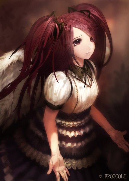 Anime picture 642x900 with aquarian age tachikawa mushimaro (bimo) single long hair tall image fringe simple background red eyes standing twintails signed looking away red hair from above lips short sleeves puffy sleeves tears angel wings girl