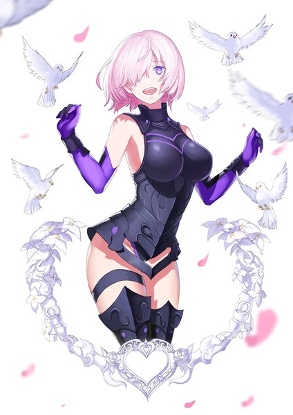 Anime-Bild 1400x1980 mit fate (series) fate/grand order mash kyrielight 2r- (pixiv8168114) single tall image fringe short hair open mouth light erotic purple eyes pink hair :d hair over one eye girl gloves flower (flowers) animal petals elbow gloves