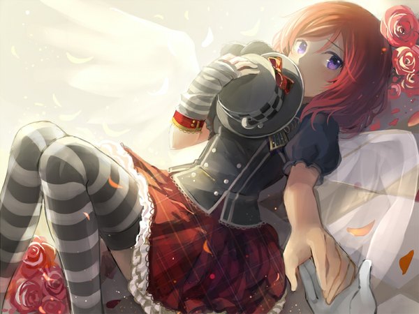 Anime picture 800x600 with love live! school idol project sunrise (studio) love live! nishikino maki rio.lw looking at viewer blush short hair purple eyes bent knee (knees) red hair lying dutch angle puffy sleeves plaid skirt hat removed girl thighhighs skirt gloves