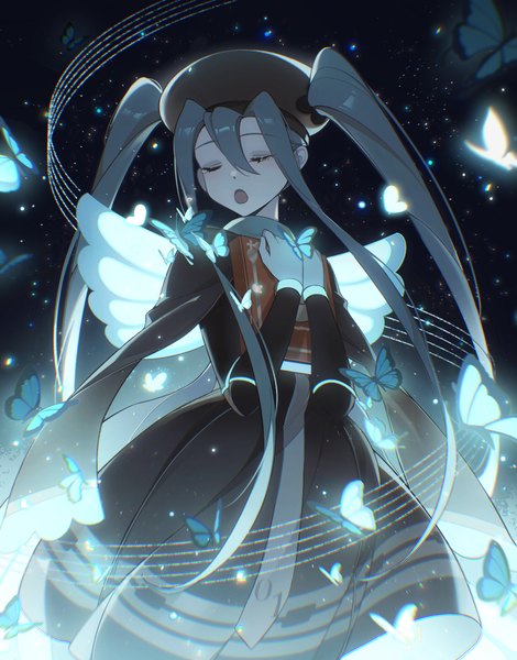 Anime-Bild 2303x2939 mit vocaloid project voltage hatsune miku bug miku (project voltage) kanvien single tall image highres open mouth twintails eyes closed very long hair grey hair turning head singing girl dress black dress book (books) insect