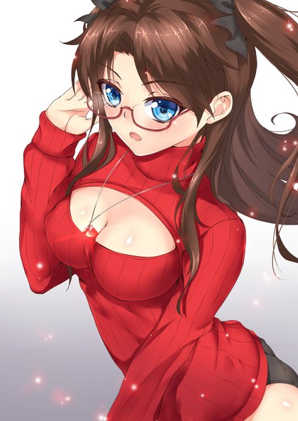 Anime picture 992x1403 with fate (series) fate/stay night type-moon toosaka rin fengsao hua tanzhang single long hair tall image blush blue eyes light erotic brown hair twintails looking away adjusting glasses girl underwear panties ribbon (ribbons) hair ribbon