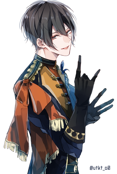 Anime picture 931x1378 with tsukiuta uduki arata utkt single tall image looking at viewer fringe short hair open mouth black hair simple background smile hair between eyes white background signed upper body grey eyes twitter username mmm boy