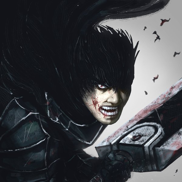Anime picture 2400x2400 with berserk guts immarart single looking at viewer highres short hair open mouth black hair simple background red eyes holding teeth shaded face fighting stance blood on face bloody weapon boy gloves weapon