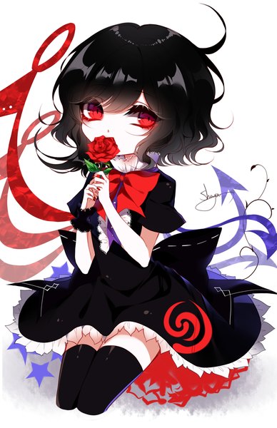 Anime picture 2100x3250 with touhou houjuu nue sheya single tall image looking at viewer highres short hair black hair simple background red eyes white background signed short sleeves covered mouth asymmetrical wings thighhighs dress flower (flowers) black thighhighs