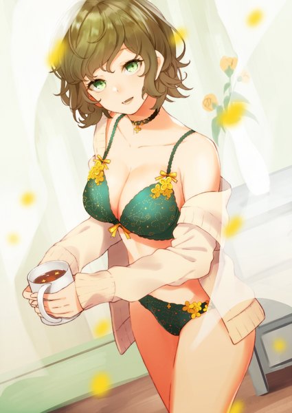 Anime picture 1200x1694 with original retsuna single tall image looking at viewer fringe short hair breasts open mouth light erotic smile brown hair standing bare shoulders holding green eyes indoors :d blurry off shoulder
