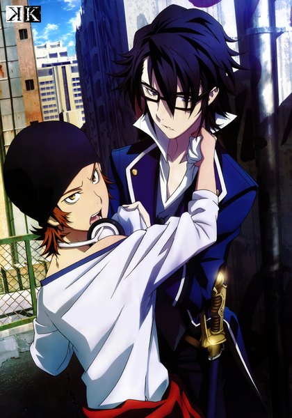 Anime picture 2797x3991 with k-project gohands (studio) fushimi saruhiko misaki yata tall image highres short hair open mouth blue eyes brown hair bare shoulders yellow eyes blue hair official art city cityscape boy weapon hat sword