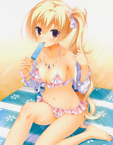 Anime picture 5747x7374 with amairo islenauts yuzusoft shirley warwick kobuichi long hair tall image looking at viewer blush highres breasts light erotic blonde hair red eyes absurdres ponytail scan beach side ponytail girl swimsuit
