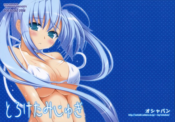 Anime picture 2163x1520 with sasahiro long hair looking at viewer blush highres breasts light erotic large breasts blue hair aqua eyes wet blue background girl swimsuit bikini white bikini