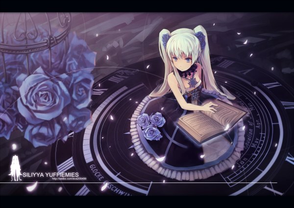 Anime picture 1200x848 with original eva200499 single long hair fringe blue eyes sitting twintails bare shoulders hair flower aqua hair inscription letterboxed girl dress hair ornament flower (flowers) petals choker rose (roses)