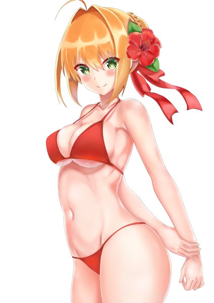 Anime picture 707x1000 with fate (series) fate/grand order nero claudius (fate) (all) nero claudius (fate) ryuunonon single tall image looking at viewer blush fringe short hair breasts light erotic simple background blonde hair smile hair between eyes large breasts standing white background