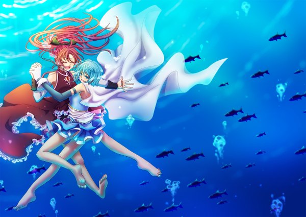 Anime picture 2432x1723 with mahou shoujo madoka magica shaft (studio) sakura kyouko miki sayaka sha (pixiv) long hair highres short hair open mouth blue eyes smile multiple girls blue hair red hair eyes closed barefoot holding hands underwater girl dress